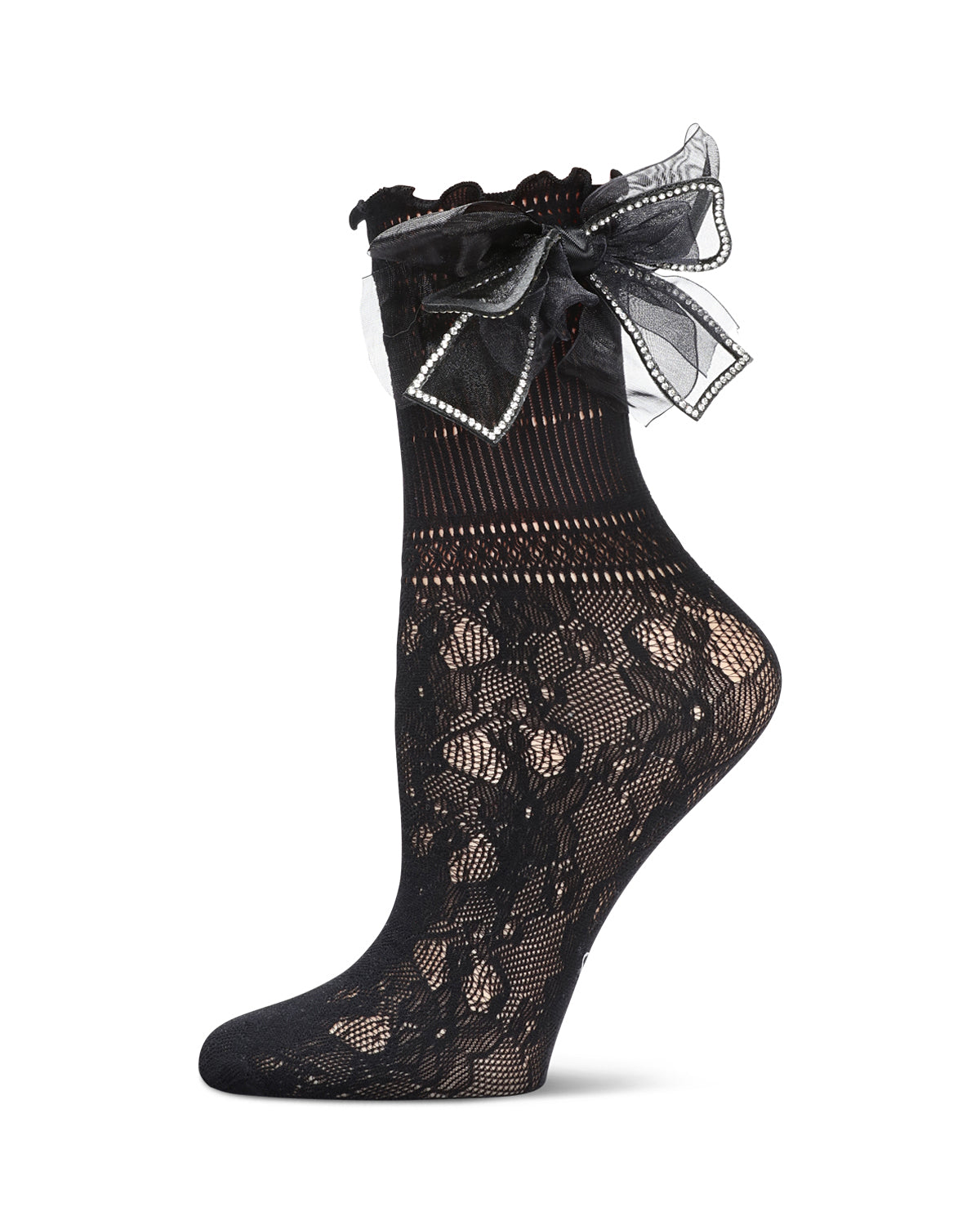 Women's Rhinestone Bow Netted Crew Socks